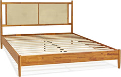 15 Inch Signature Bed Frame with Rattan Headboard - Bohemian & Mid Century Style - Acacia Wood - 12 Strong Wood Slat Support - Easy Assembly - No Box Spring Needed - Caramel, Queen