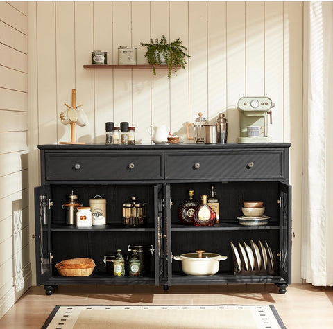 Farmhouse Sideboard Buffet Cabinet with Storage,59" Large Credenza with 4 Glass Doors & 2 Drawers,Adjustable Shelves Console Table,Wood Kitchen Coffee Bar for Dining Room,Living Room,Black