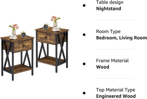 Nightstand,Side End Table with Drawer,Storage Shelf for Living Room Bedroom,Modern style,Set of 2, Antique Brown