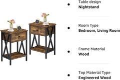 Nightstand,Side End Table with Drawer,Storage Shelf for Living Room Bedroom,Modern style,Set of 2, Antique Brown