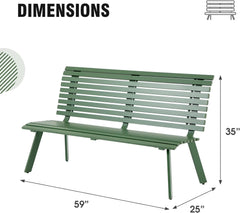 Outdoor Aluminum Garden Bench, Patio Porch Chair Furniture, Slatted Design w/Backrest, Green