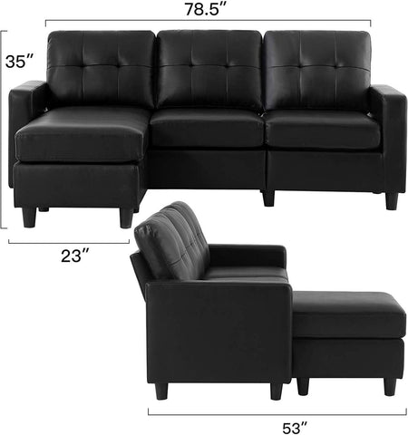 Faux Leather Sectional Sofa Convertible Sectional Faux Leather Couch L Shape Leather Sectional Sofa Couch for Small Space, Black