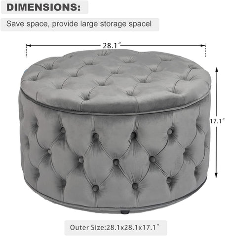 Round Velvet Storage Ottoman, Button Tufted Footrest Stool Coffee Table for Living Room (Grey)