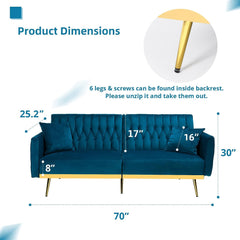 2 Pieces Velvet Sofa Set with Adjustable Armrest and Backrest, 70” Convertible Futon Sofa Bed & Mordern Accent Chair with Ottoman for Living Room, Bedroom, Teal