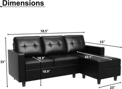 Faux Leather Sectional Sofa Convertible Sectional Faux Leather Couch L Shape Leather Sectional Sofa Couch for Small Space, Black