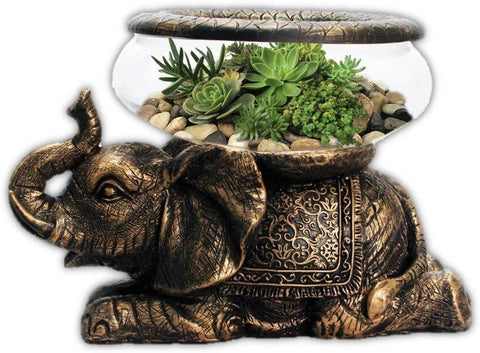 New Good Luck Decorative Gold Antiqued Elephant Glass Bowl,Terrarium or Candle Holder with Color Gift Box