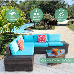 6pcs Patio Furniture Set PE Brown Rattan Wicker Sectional Outdoor Sofa Set Outside Couch w/Washable Seat Cushions & Modern Glass Wedge Table for Patio, Backyard, Pool-Beige