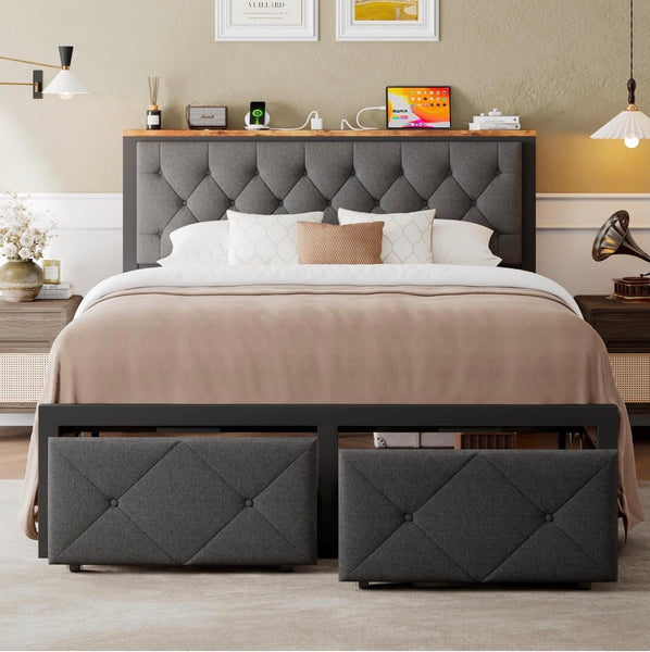 Full Size Bed Frame with 2 Storage Drawers, Metal Platform Bed with Charging Station, Upholstered Button Tufted Storage Headboard, No Box Spring Needed, Noise-Free, Easy Assembly