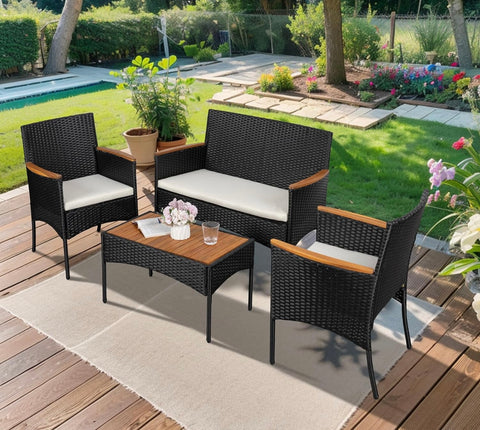 4-Piece Patio Furniture Set, Outdoor Wicker Patio Conversation Furniture Set with Cushions and Wooden Tabletop for Paito Lawn Backyard, White Cushion