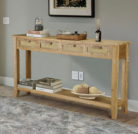 Farmhouse Console Table with 4 Rattan Drawers, 60" Long Narrow Boho Foyer Sofa Tables with Open Storage Shelves for Entryway, Hallway, Living Room, Natural