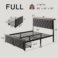 Full Size Bed Frame with 2 Storage Drawers, Metal Platform Bed with Charging Station, Upholstered Button Tufted Storage Headboard, No Box Spring Needed, Noise-Free, Easy Assembly