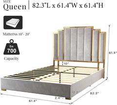 Queen Size Platform Bed Frame, 61.4" Velvet Upholstered Bed with Gold Trim Headboard/Wooden Slats/No Box Spring Needed/Grey