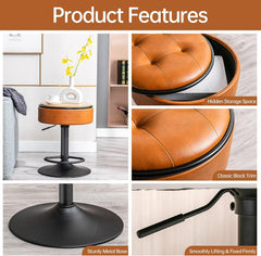 Round Storage Bar Stool, Black Faux Leather Height Adjustable Barstool, 360°Counter Height Swivel Stool, Armless Bar Chair with Metal Frame for Kitchen Counter Dining Living Room