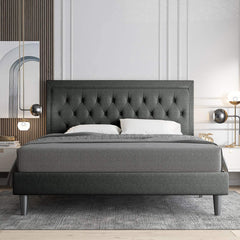 Queen Size Button Tufted Platform Bed Frame/Fabric Upholstered Bed Frame with Adjustable Headboard/Wood Slat Support/Mattress Foundation/Dark Grey