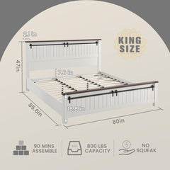 Farmhouse King Size Bed Frame with 47" Headboard, Wood Bed Frame with Groove Sliding Barn Door Footboard, Platform Bed with Wood Slats Support, No Box Spring Needed (White)