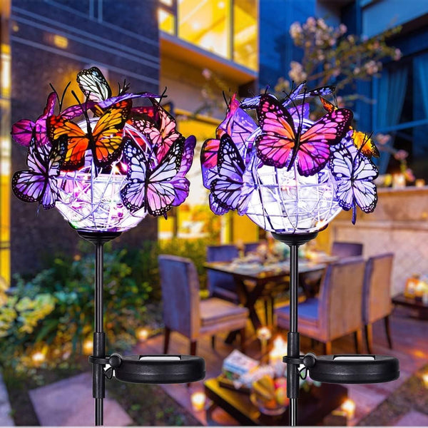 Outdoor Solar Lights, 2 Pack Solar Garden Stake Lights with 18 Butterflies Decoration Outdoor Lights, Waterproof Solar Butterfly Lights, Bigger Solar Panel for Patio Yard Pathway Garden Decor