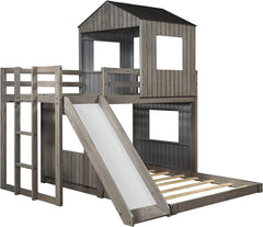 House Bed Bunk Beds with Slide, Wood Bunk Beds with Roof and Guard Rail for Kids, Toddlers, No Box Spring Needed