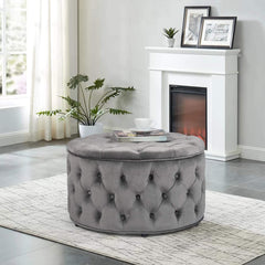 Round Velvet Storage Ottoman, Button Tufted Footrest Stool Coffee Table for Living Room (Grey)