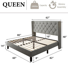 Queen Bed Frame Upholstered Wingback Platform Bed Frame with Diamond Button Tufted Headboard,Light grey