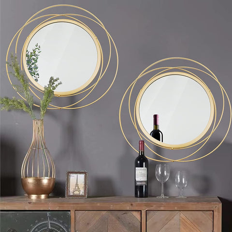 2 Set 15.7'' Gold Circle Mirrors Wall Decor Iron Frame Mirrors Wall Art Round Mirrors Home Decor Hanging Mirrors for Living Room/Bedroom/Bathroom/Entryway