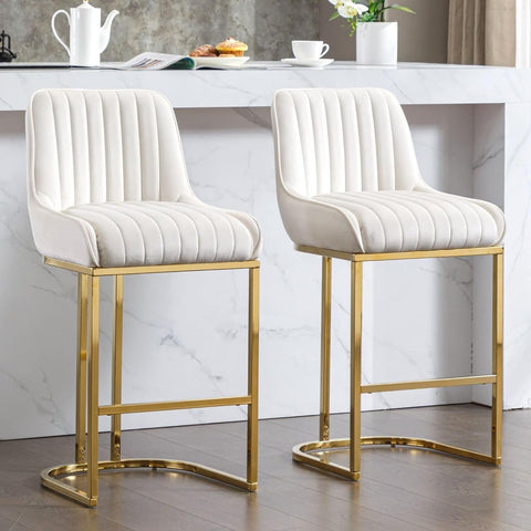 Beige Velvet Bar Stools Set of 2 Modern Counter Stools with Gold Legs 26 Inch Counter Height Bar Stools Upholstered Kitchen Island Chairs with Back