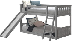 Low Bunk Bed, Twin-Over-Twin Wood Bed Frame For Kids With Slide, Grey