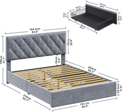 Queen Bed Frame with Storage Drawers, Grey