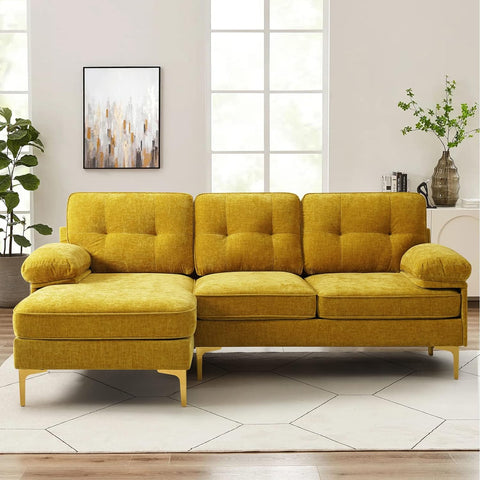 Reversible Sectional Sofa Couch for Living Room, Convertible L-Shape Sofa, Chenille 3-Seater Modern Sofa with Reversible Chaise Lounge, Removable Cover for Apartment and Office (Yellow)