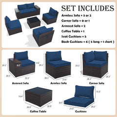 Outdoor Patio Furniture Sets 6 Piece Patio Sectional Furniture All-Weather Outdoor Patio Sofa PE Wicker Backyard Deck Couch Conversation Chair Set w/Table & 5 Navy Blue Thickened Cushions