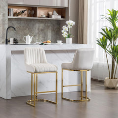 Beige Velvet Bar Stools Set of 2 Modern Counter Stools with Gold Legs 26 Inch Counter Height Bar Stools Upholstered Kitchen Island Chairs with Back
