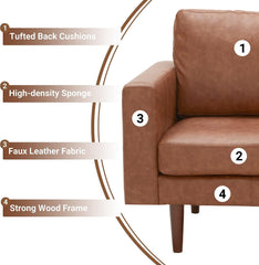 65" Faux Leather Loveseat Sofas for Living Room, Small Sofa Couches for Small Spaces Bedroom with Solid Wooden Frame and Padded Cushion, Mid Century Modern Decor Love Seats Furniture (Brown)