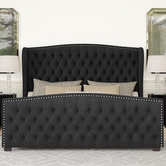 King Size Platform Bed Frame, Velvet Upholstered Bed with Deep Button Tufted & Nailhead Trim Wingback Headboard/No Box Spring Needed/Easy Assembly/Black