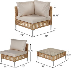 5-Piece Wicker Patio Furniture Set, All-Weather Outdoor Sectional Sofa with Water Resistant Beige Thick Cushions Coffee Table