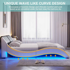 Queen LED Bed Frame with Headboard Modern Low Profile Upholstered Platform Bed Frame with LED Lights Queen Size Faux Leather Wave-Like Bed Frame,Strong Wood Slats,Easy Assembly,Black+White