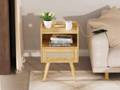 Nightstands Set of 2, Night Stands with Charging Station & PE Rattan Decor Drawer, Bed Side Tables with Solid Wood Feet, End Table, for Bedroom, Living Room - Natural