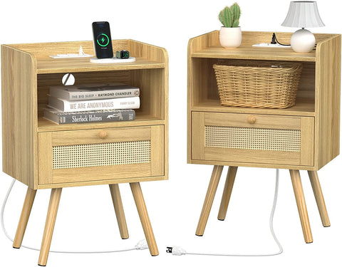 Nightstands Set of 2, Night Stands with Charging Station & PE Rattan Decor Drawer, Bed Side Tables with Solid Wood Feet, End Table, for Bedroom, Living Room - Natural