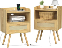 Nightstands Set of 2, Night Stands with Charging Station & PE Rattan Decor Drawer, Bed Side Tables with Solid Wood Feet, End Table, for Bedroom, Living Room - Natural