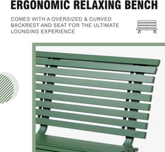 Outdoor Aluminum Garden Bench, Patio Porch Chair Furniture, Slatted Design w/Backrest, Green