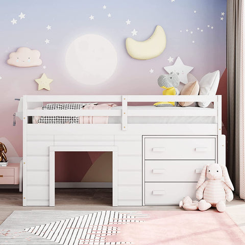 Twin Loft Bed with Cabinet and Storage, Low Loft Bed for Kids Playhouse Bed with Built-in Ladder(White, loft)