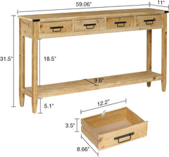 Farmhouse Console Table with Drawer, 60" Long Rustic Entryway Table with Open Storage Shelves and Handmade Metal Handle,Natural