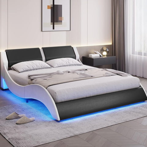 Queen LED Bed Frame with Headboard Modern Low Profile Upholstered Platform Bed Frame with LED Lights Queen Size Faux Leather Wave-Like Bed Frame,Strong Wood Slats,Easy Assembly,Black+White
