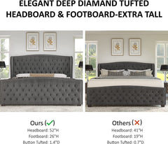 King Size Platform Bed Frame, Velvet Upholstered Bed with Deep Button Tufted & Nailhead Trim Wingback Headboard/No Box Spring Needed/Grey