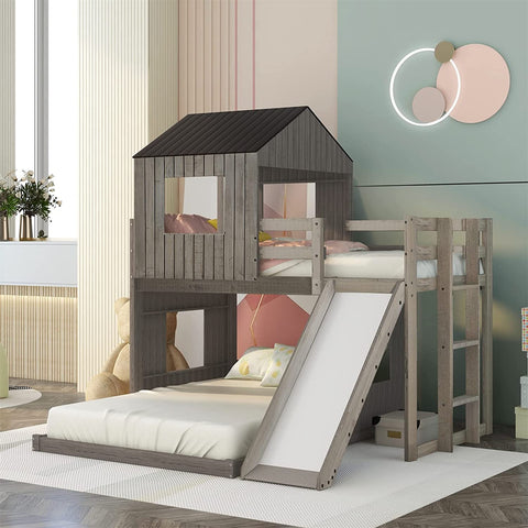 House Bed Bunk Beds with Slide, Wood Bunk Beds with Roof and Guard Rail for Kids, Toddlers, No Box Spring Needed
