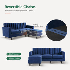 Velvet Convertible Sectional Sofa, L Shaped Couch with Reversible Chaise for Small Apartment, Blue