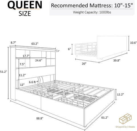 Queen Size Bed Frame Wooden Platform Bed with 51.2" Storage Bookcase Headboard, 4 Storage Drawers & Charging Station/No Box Spring Needed/Noise Free/Rustic Brown