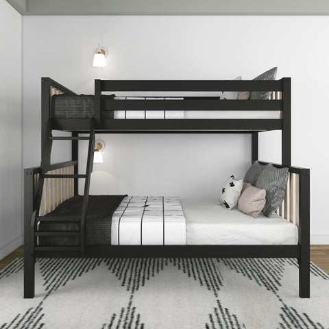 Scandinavian Modern Bunk Bed, Solid Wood Twin Over Full Bed Frame for Kids, No Box Spring Needed, Black/Blonde