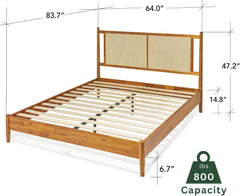 15 Inch Signature Bed Frame with Rattan Headboard - Bohemian & Mid Century Style - Acacia Wood - 12 Strong Wood Slat Support - Easy Assembly - No Box Spring Needed - Caramel, Queen