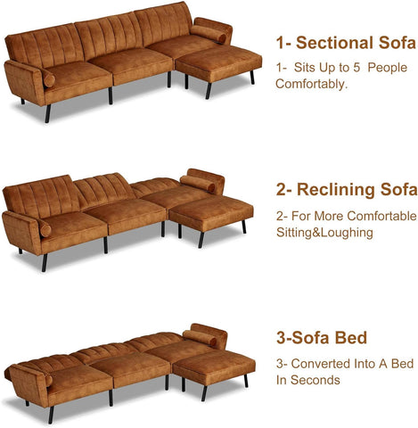 Velvet Sectional Convertible Sofa with Chaise, 107" L Shape Sectional Sofa Couch with USB, Split Back Folding Futon Couch for Living Room (Caramel Brown)
