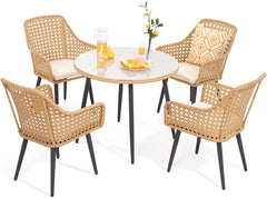 5 Pieces Outdoor Dining Set, All-Weather Wicker Patio Dining Table and Chairs, 4 Rattan Chairs and Round Glass Top Table w/Umbrella Hole, for Porch, Backyard, Garden, Beige