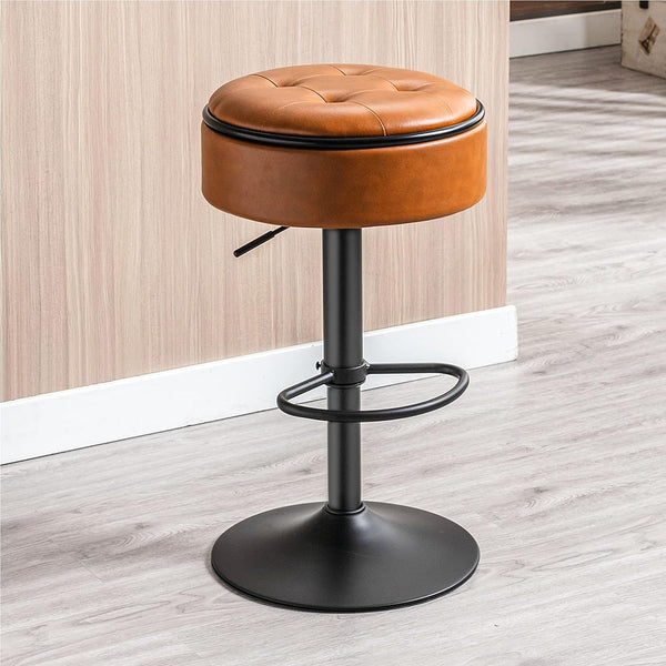 Round Storage Bar Stool, Black Faux Leather Height Adjustable Barstool, 360°Counter Height Swivel Stool, Armless Bar Chair with Metal Frame for Kitchen Counter Dining Living Room